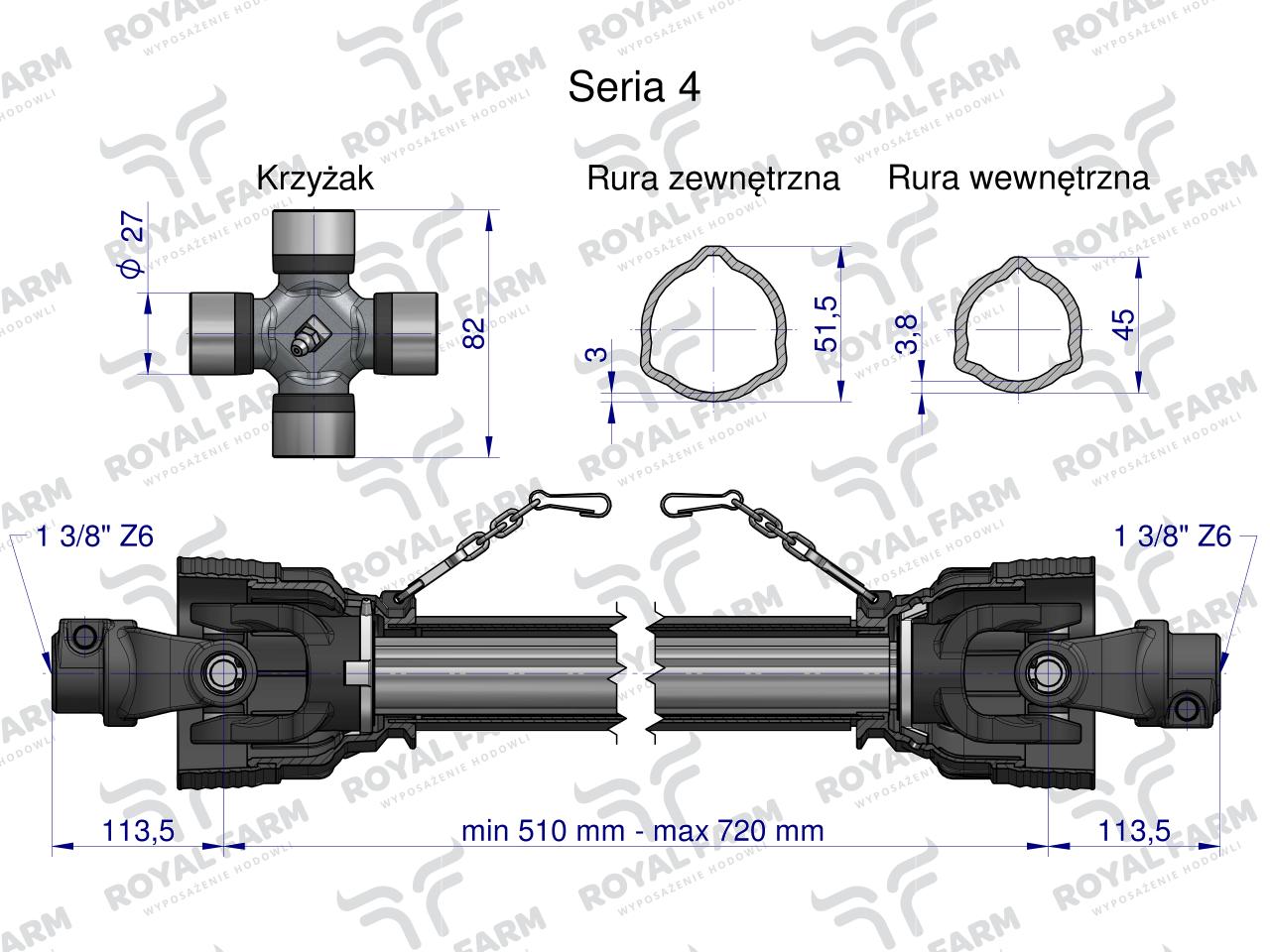 Wał, przegubowo-teleskopowy 510-720mm 540Nm CE 2020 seria 4R , Royal Farm
