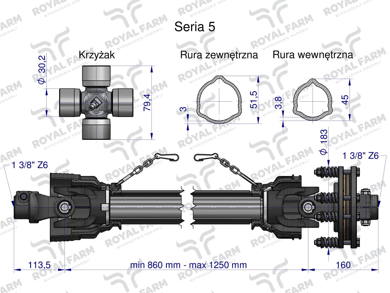 Wał, przegubowo-teleskopowy 860-1250mm 620Nm sprzęgło cierne 1200Nm 60960 CE 2020 seria 5R , Royal Farm