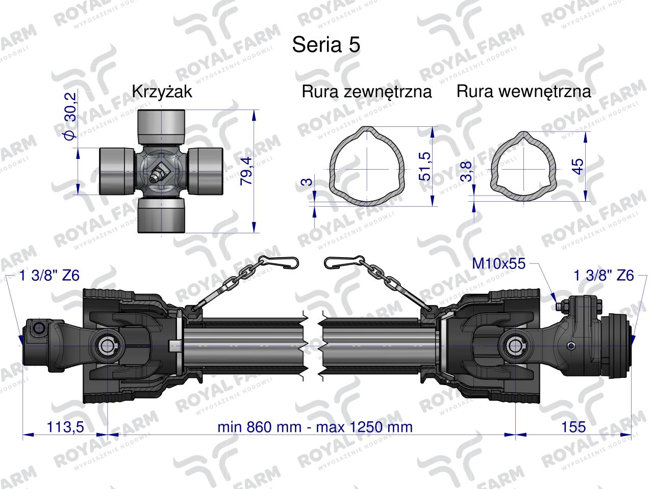 Wał, przegubowo-teleskopowy 860-1250mm 620Nm sprzęgło z kołkiem 2200Nm 60960 CE 2020 seria 5R , Royal Farm