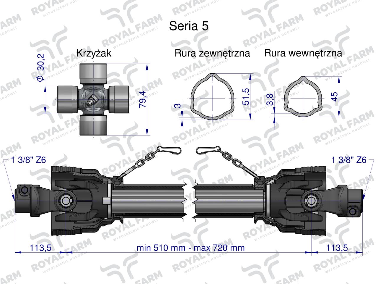 Wał, przegubowo-teleskopowy 510-720mm 620Nm 60210 CE 2020 seria 5R , Royal Farm