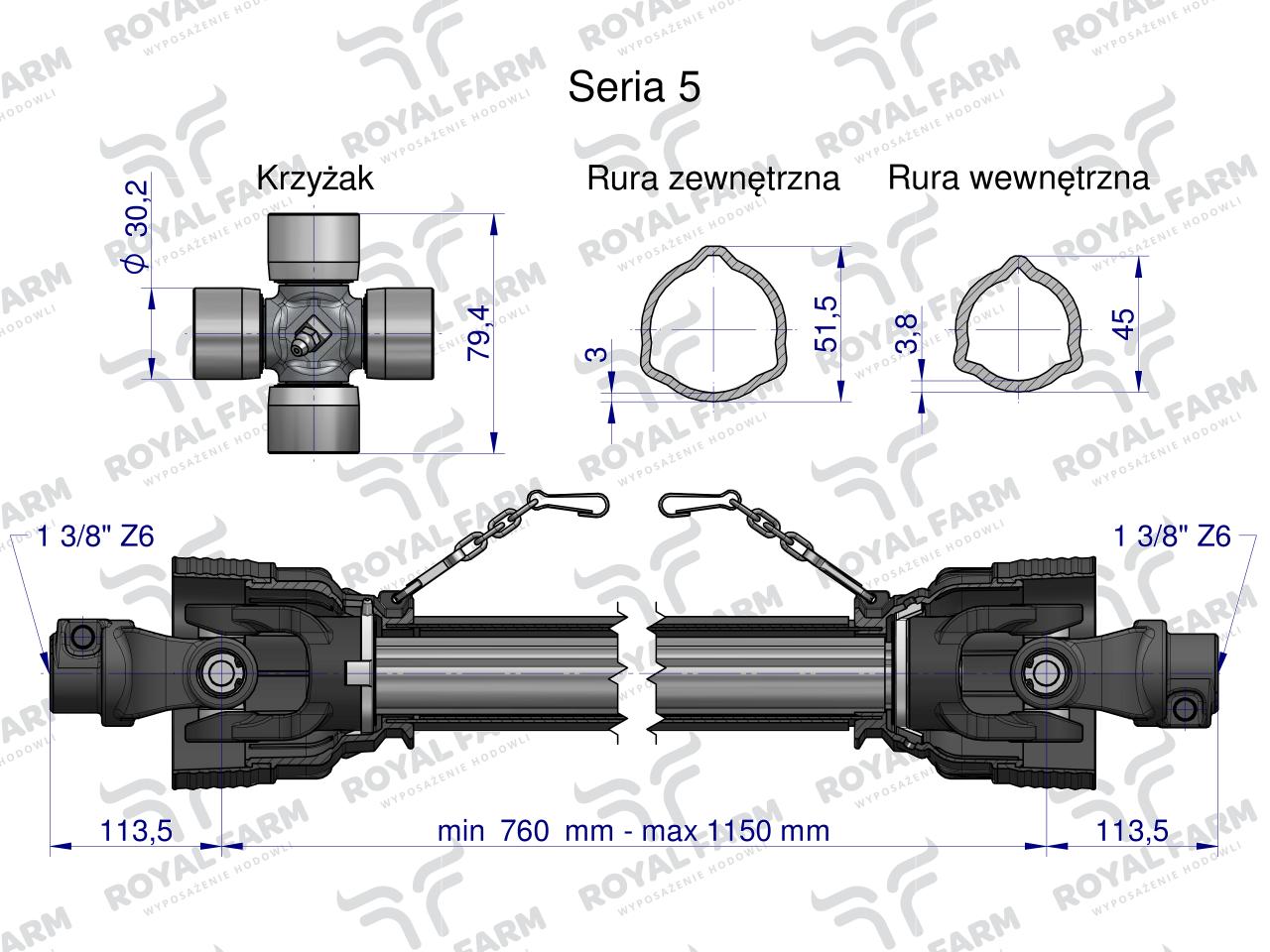 Wał, przegubowo-teleskopowy 760-1150mm 620Nm 60240 CE 2020 seria 5R , Royal Farm