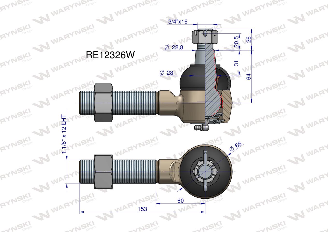 Przegub kierowniczy 153mm - 1 1/8"L RE12326 WARYŃSKI