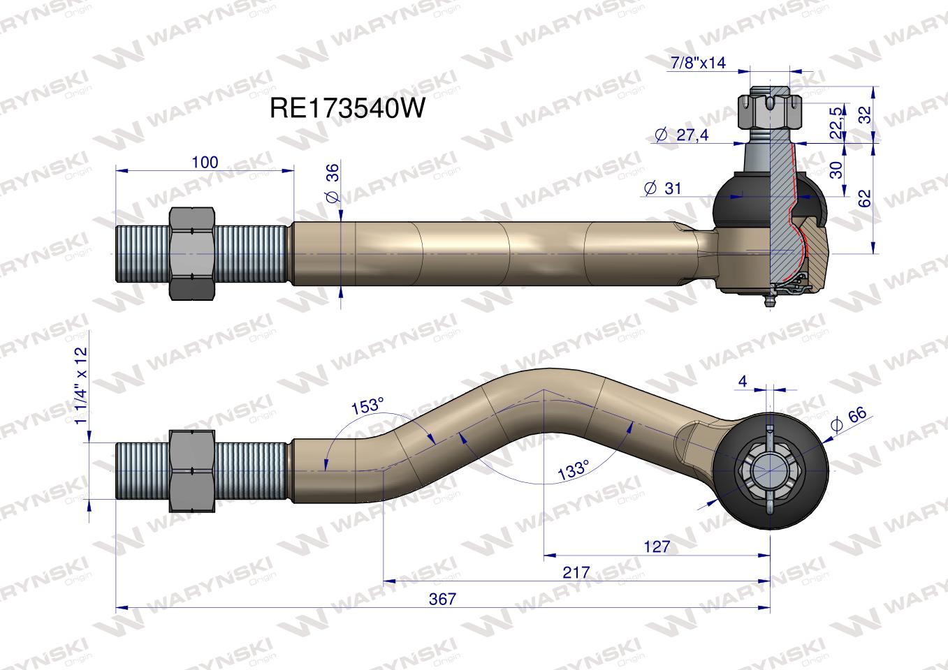 Przegub kierowniczy prawy 367mm - 1 1/4" RE173540 WARYŃSKI