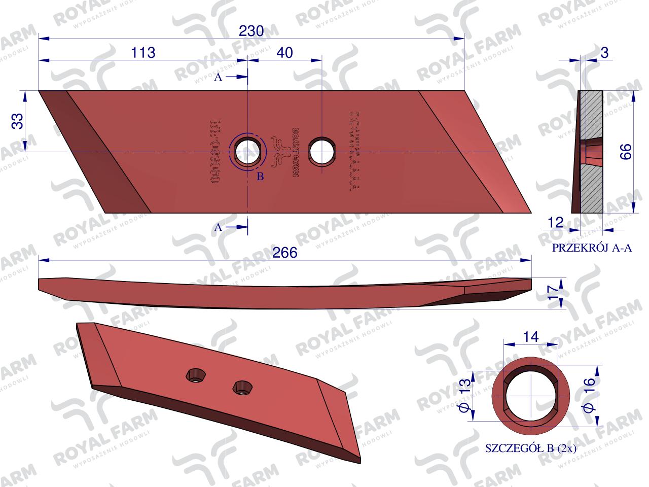 Dłuto, nakładka lemiesza, lewa, zastosowanie Kverneland stal borowa, Royal Farm