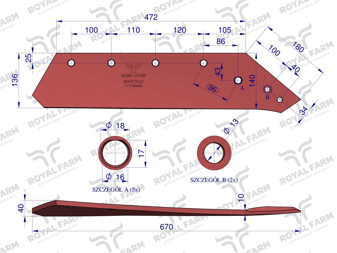 Eurolemiesz, prawy 18", zastosowanie Kverneland stal borowa, Royal Farm