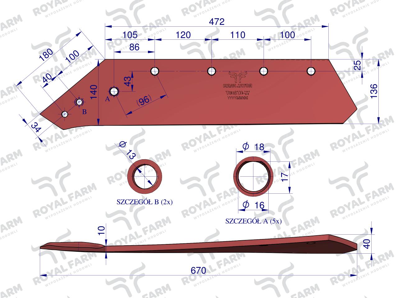 Eurolemiesz, lewy 18", zastosowanie Kverneland stal borowa, Royal Farm