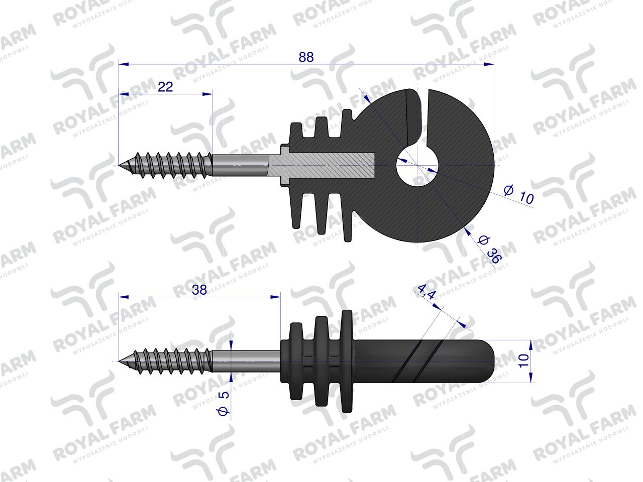 Izolator okrągły z wkrętem fi 5 do drewna ROYAL FARM (sprzedawane po 25 szt)