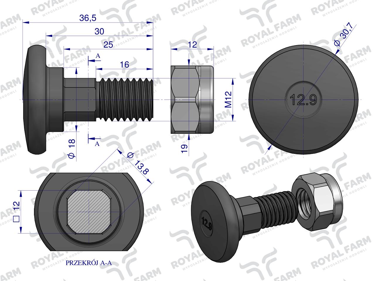 Śruba nożyka kpl. M12x37 zastosowanie Stoll. Vicon ROYAL FARM (sprzedawane po 10)