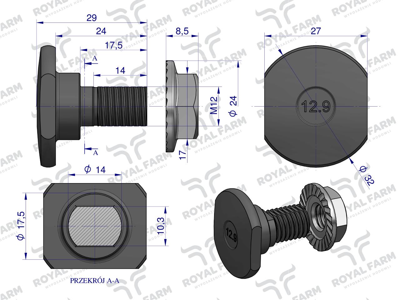 Śruba nożyka kpl. M12x29 zastosowanie Claas ROYAL FARM 1432290 001377266 (sprzedawane po 10)