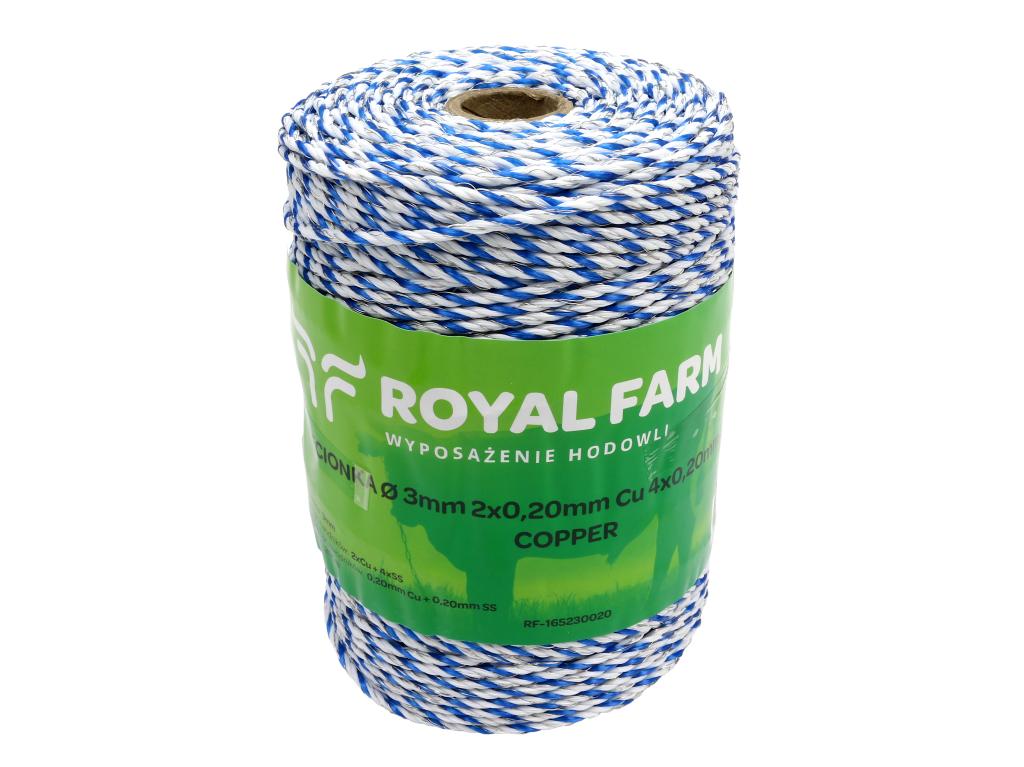 Plecionka, do elektryzatora 3mm, 2x0,20mm Cu, 4x0,20mm SS biało-niebieska 200m, Royal Farm