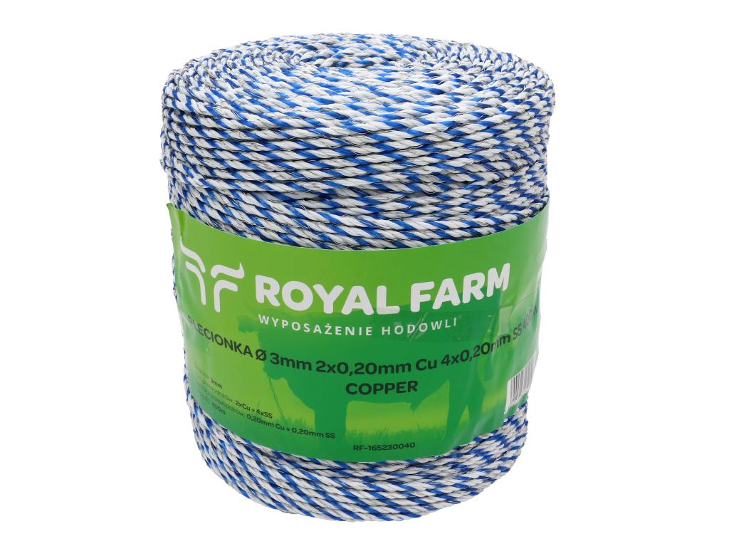 Plecionka, do elektryzatora 3mm, 2x0,20mm Cu, 4x0,20mm SS biało-niebieska 400m, Royal Farm