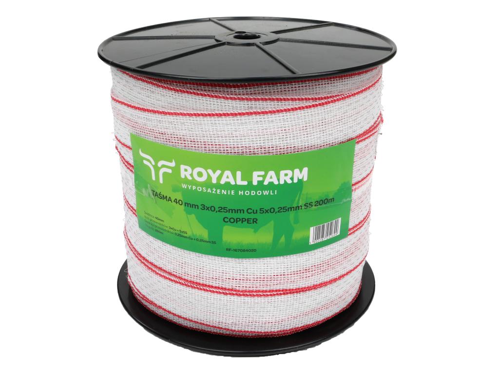 Taśma, do elektryzatora 40mm, 3x0,25mm Cu, 5x0,25mm SS biało-czerwona 200m, Royal Farm