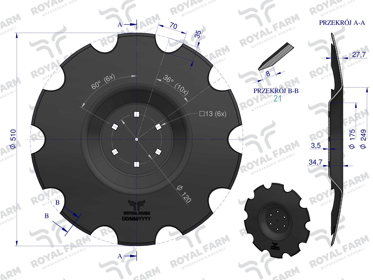 Talerz, uzębiony Z-10 fi 510 mocowanie 6/120 grubość 3.5 mm przetłoczony stal borowa , Royal Farm
