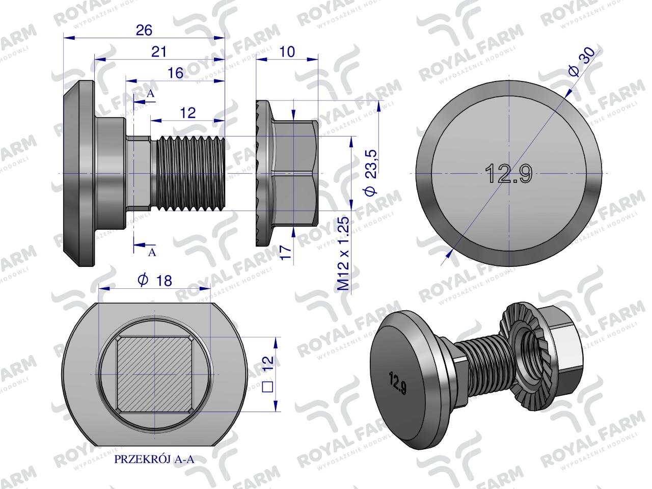 Śruba nożyka kpl. M12x26 zastosowanie Fella ROYAL FARM 426887 (sprzedawane po 10)