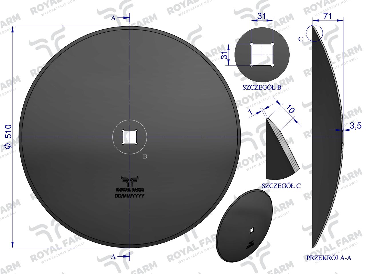 Talerz, gładki fi 510 otwór 30x30 stal borowa, 1279621010 1240040020, Royal Farm