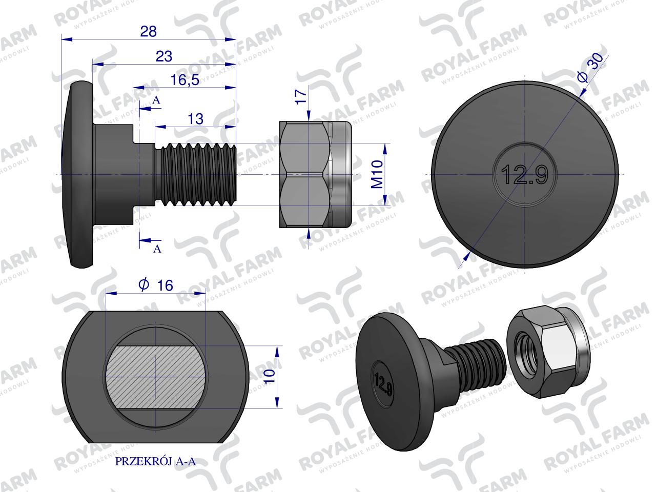 Śruba nożyka kpl. M10x28 zastosowanie Kuhn ROYAL FARM  (sprzedawane po 10)