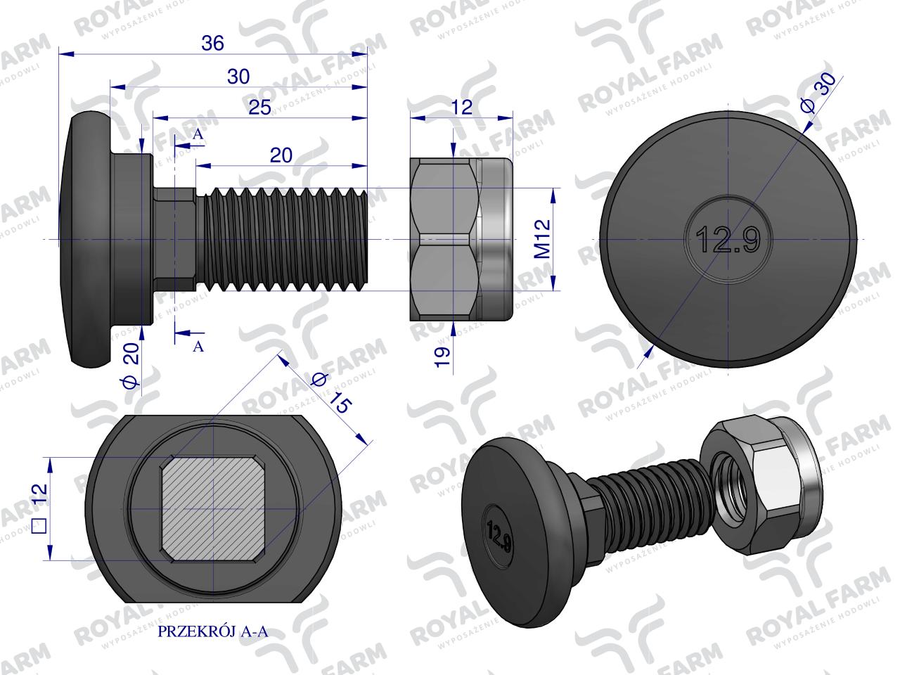 Śruba nożyka kpl. M12x35 zastosowanie Taarup Kverneland ROYAL FARM 56403100 (sprzedawane po 10)