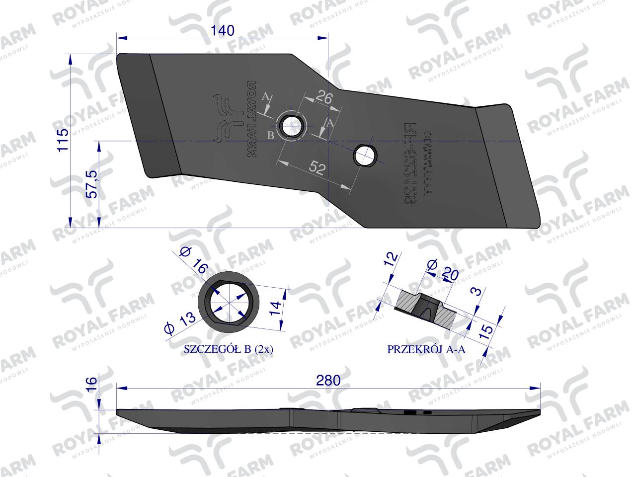 Dłuto lewe, nakładka lemiesza obracalna lewa 12mm zastosowanie Kuhn stal borowa, Royal Farm