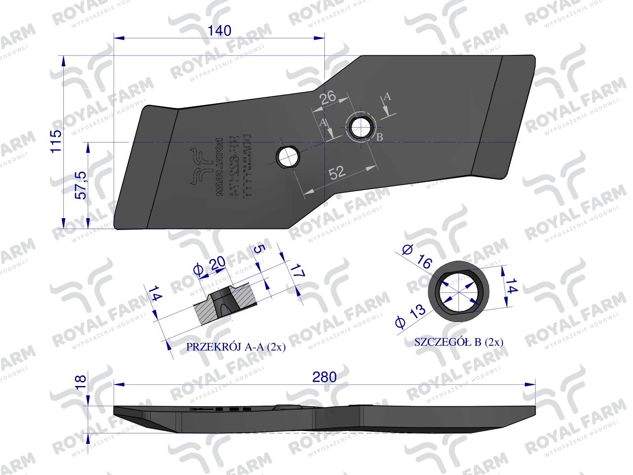 Dłuto prawe, nakładka lemiesza obracalna prawa 14mm 622128 zastosowanie Kuhn stal borowa, Royal Farm