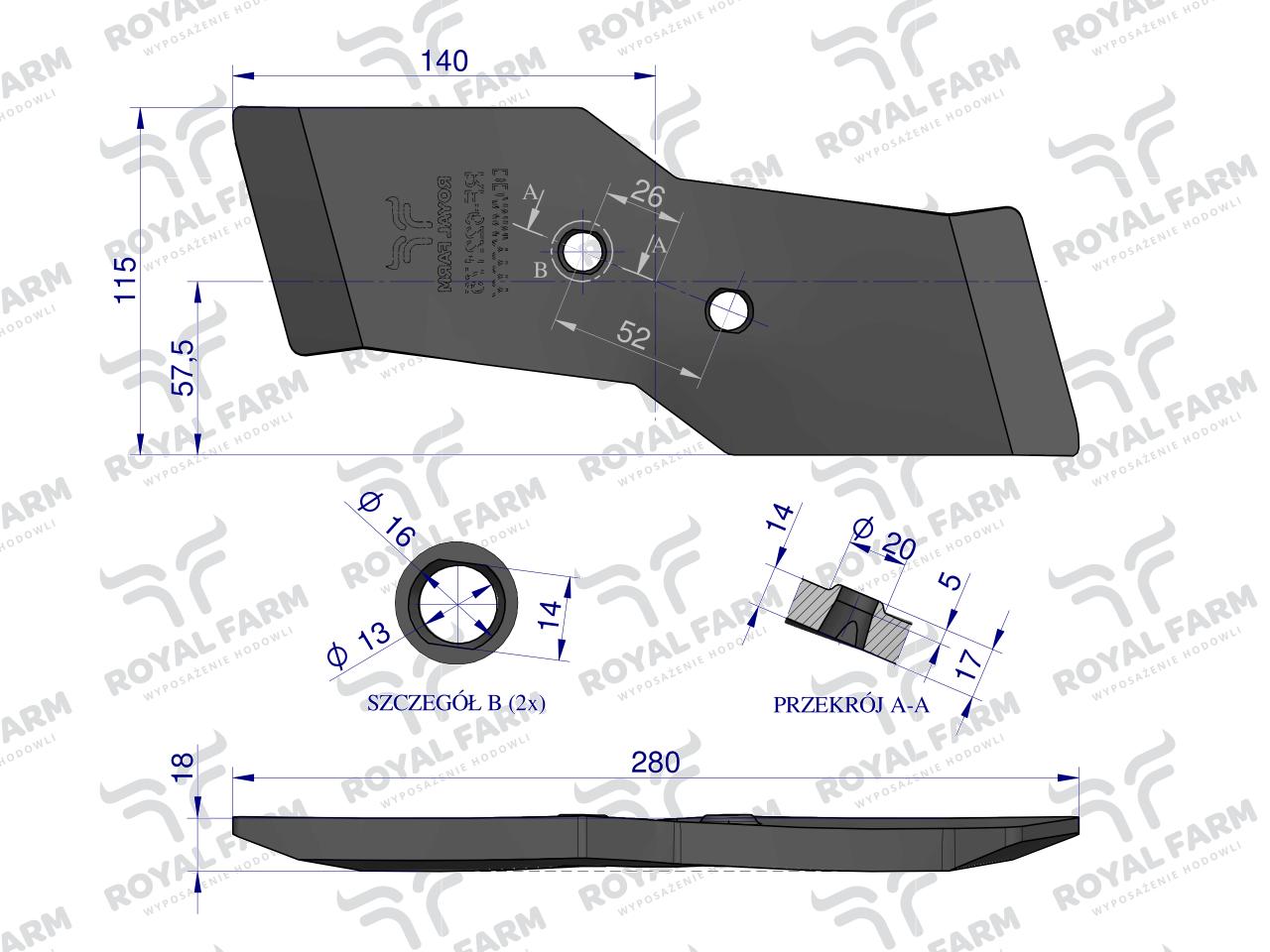 Dłuto lewe, nakładka lemiesza obracalna lewa 14mm 622129 zastosowanie Kuhn stal borowa, Royal Farm