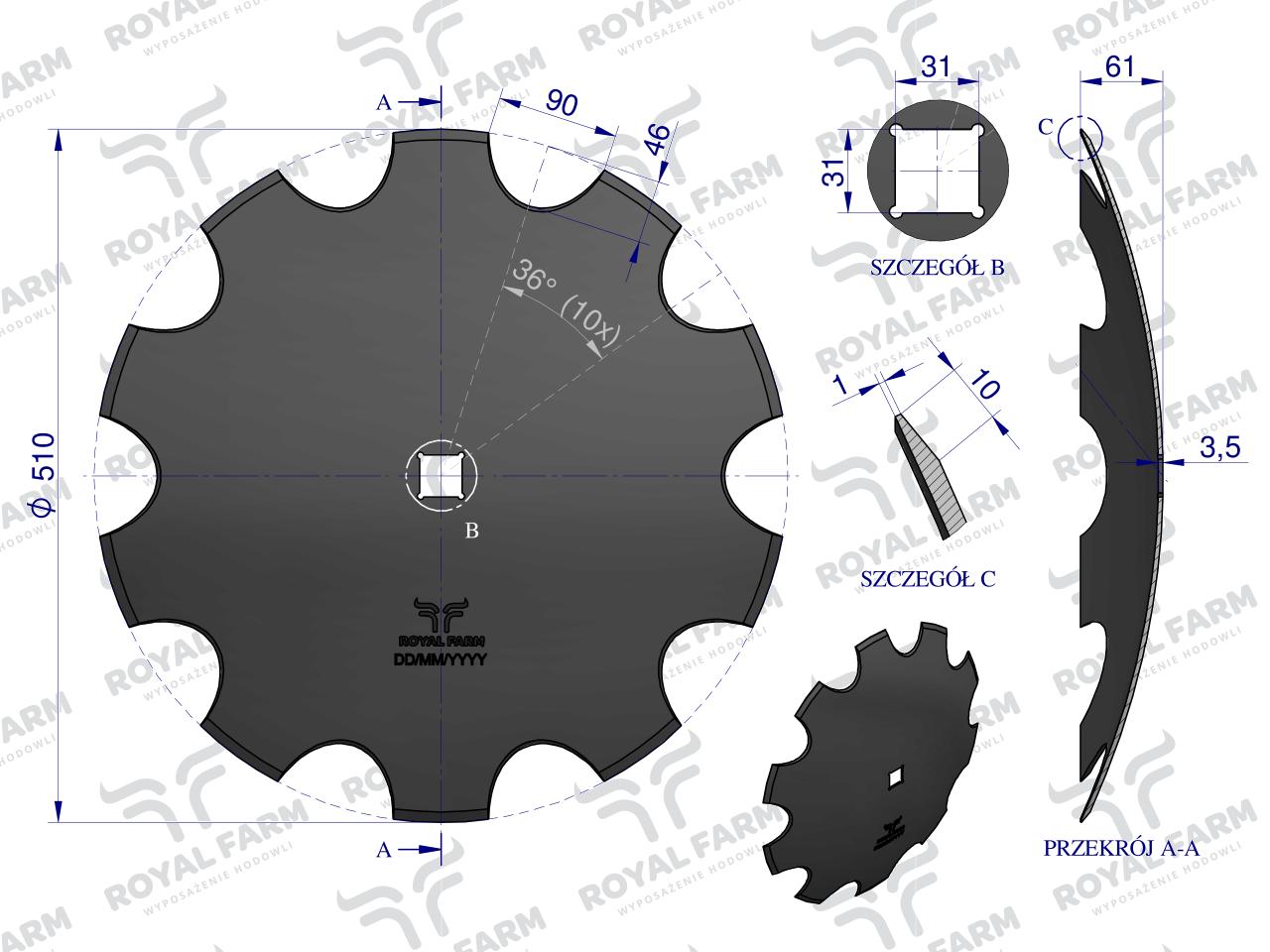 Talerz, uzębiony Z-10 fi 510 otwór 30x30 stal borowa, 1242050040 1279201020, Royal Farm