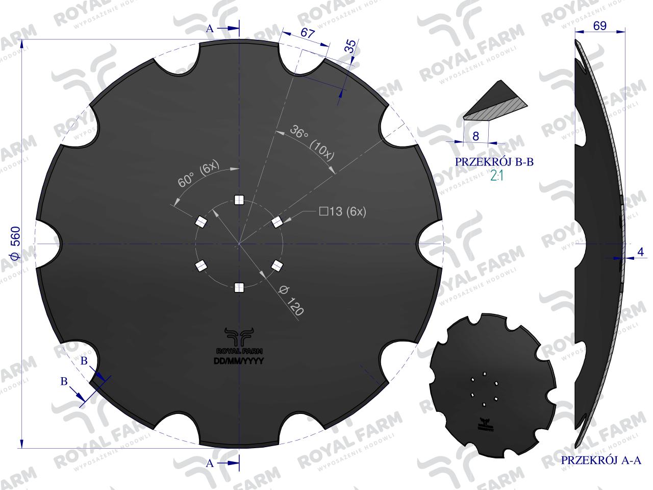 Talerz, uzębiony Z-10 fi 560 mocowanie 6/120 grubość 4 mm stal borowa, Royal Farm