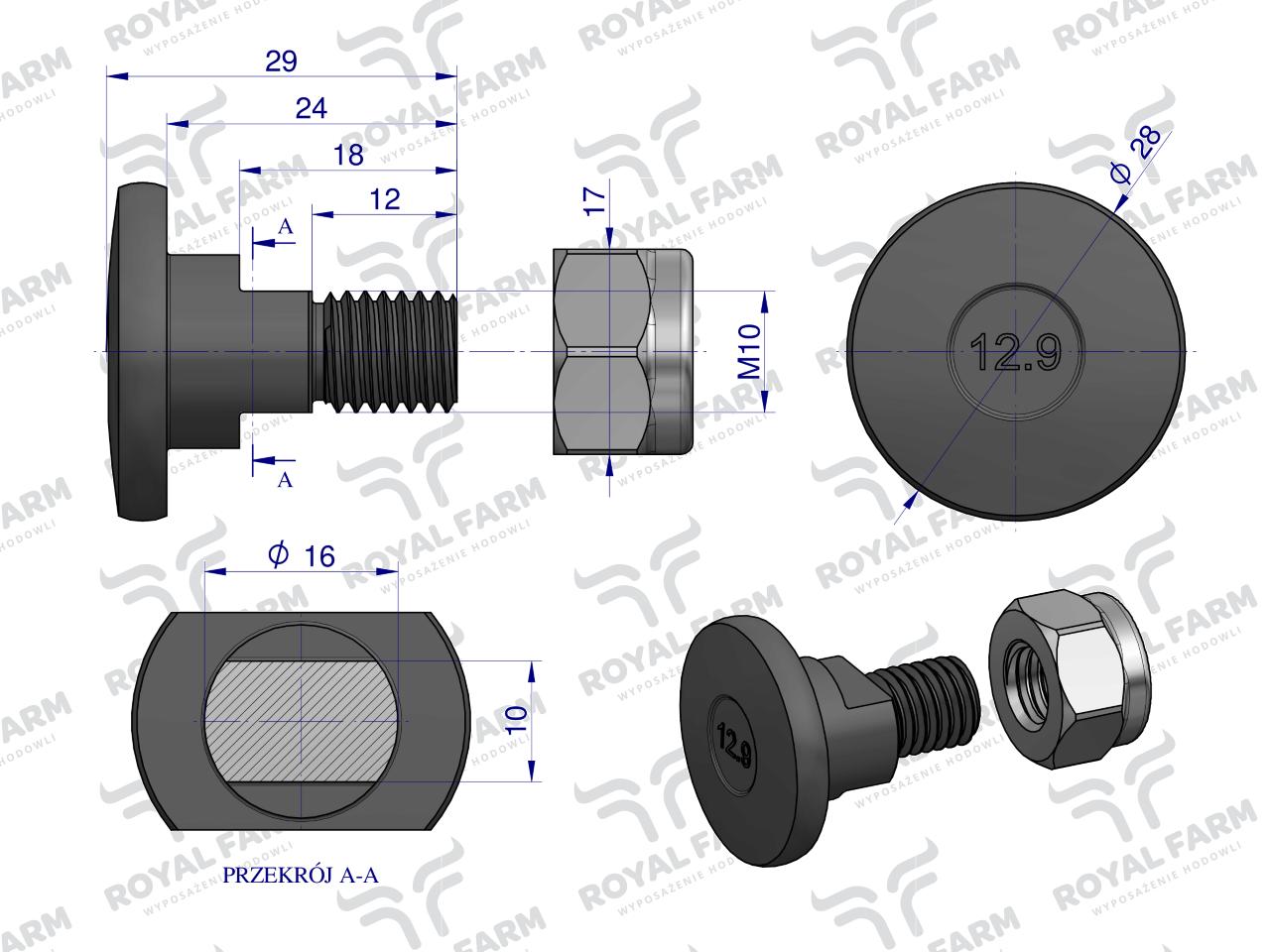 Śruba nożyka kpl. M10x29 ROYAL FARM (sprzedawane po 10)