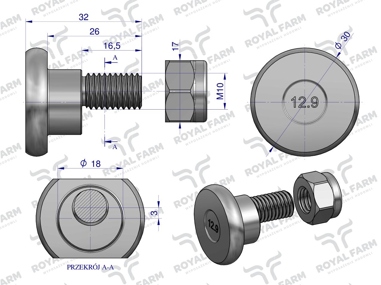 Śruba nożyka kpl. M10x32 zastosowanie Deutz Fahr. Vicon ROYAL FARM  (sprzedawane po 10)