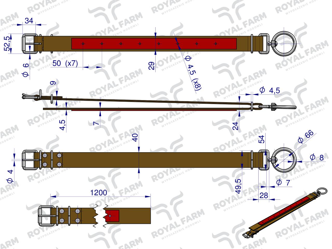 Obroża, 120 cm x 4 cm z okrętką 8 mm i rolką na klamrze, Royal Farm