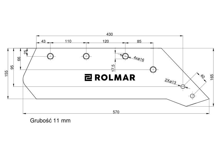 Eurolemiesz prawy 16" Kverneland Vulcan pasuje śruba M14X34OV1 - 4 szt.