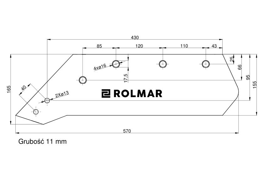 Eurolemiesz lewy 16" Kverneland Vulcan pasuje śruba M14X34OV1 - 4 szt.