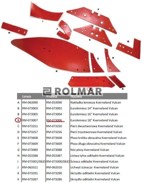 Eurolemiesz prawy 18"  Kverneland Vulcan pasuje śruba M14X34OV1 - 4 szt.