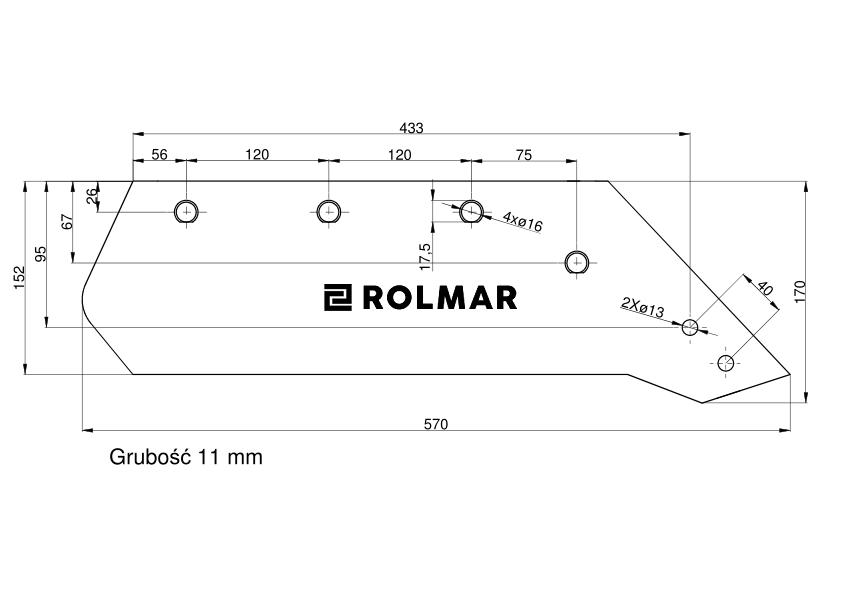 Eurolemiesz prawy 16"  Kverneland Vulcan pasuje śruba M14X34OV - 4 szt.