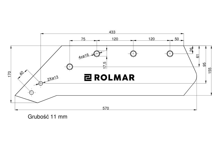 Eurolemiesz lewy 16"  Kverneland Vulcan pasuje śruba M14X34OV - 4 szt.