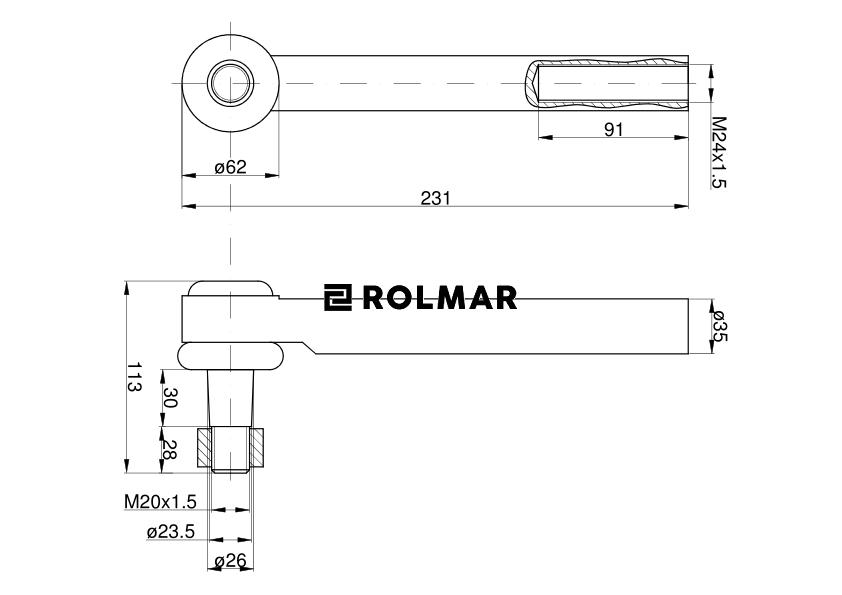 Przegub kierowniczy 207mm - M24x1,5 126145A1 Case TAQ