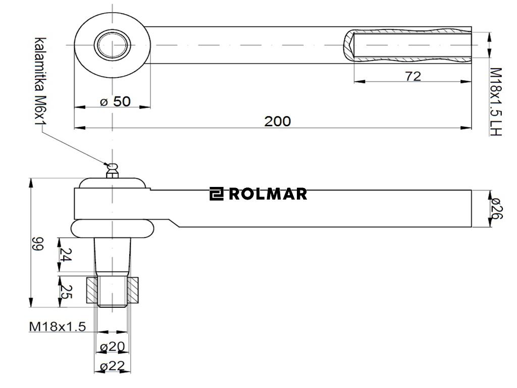 Przegub kierowniczy 196mm - M18x1,5L 137047A1, oś Carraro 707 Case TAQ