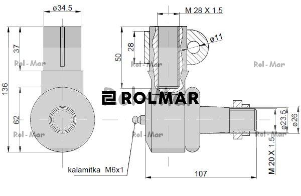 Przegub kierowniczy 105mm - M28x1,5 3599679M91 Massey Ferguson TAQ