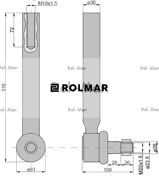 Przegub kierowniczy 285mm - M18x1,5 3764028M2 Massey Ferguson TAQ