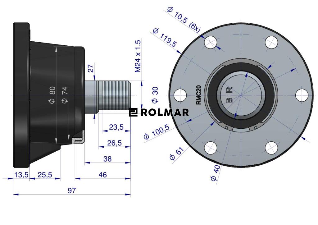 Piasta agregatu kpl. 6-otworowa łożyskowanie M24x1.5 gwint prawy zastosowanie Lemken Helidor