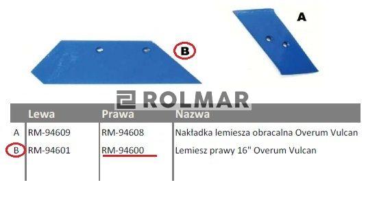 Lemiesz prawy 16" Overum Vulcan pasuje śruba M12X35NOS - 2 szt.