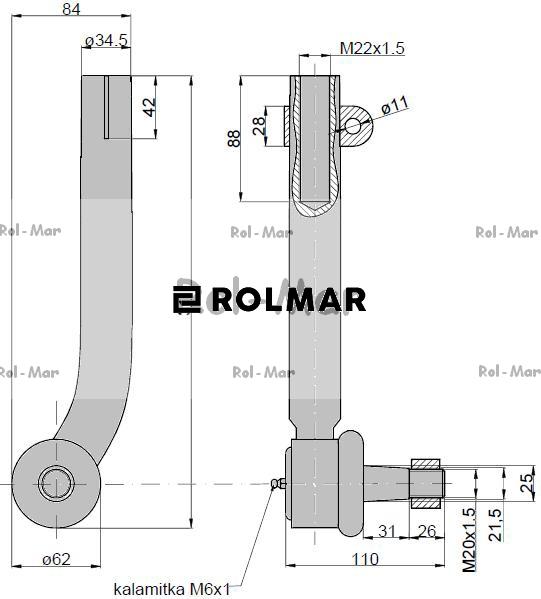Przegub kierowniczy 285mm - M22x1,5 AL110957 John Deere TAQ