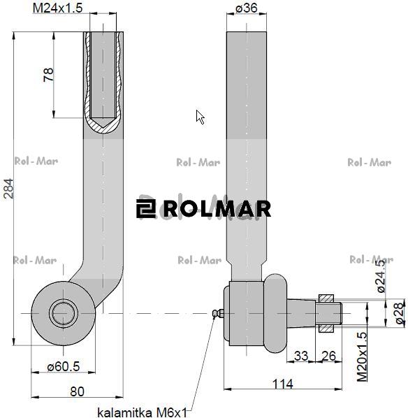 Przegub kierowniczy 260mm - M24x1,5 AL116740 John Deere TAQ
