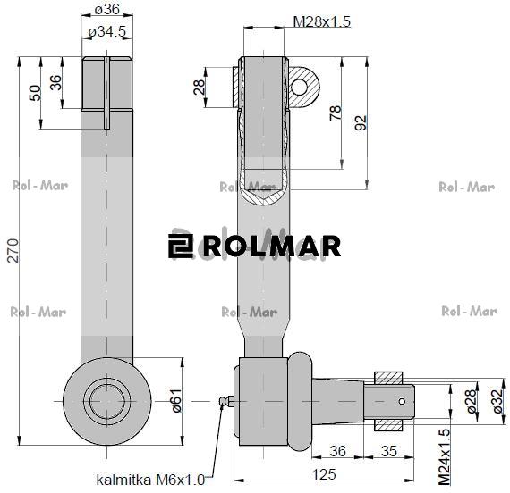 Przegub kierowniczy 225mm - M28x1,5 AL119379 John Deere TAQ