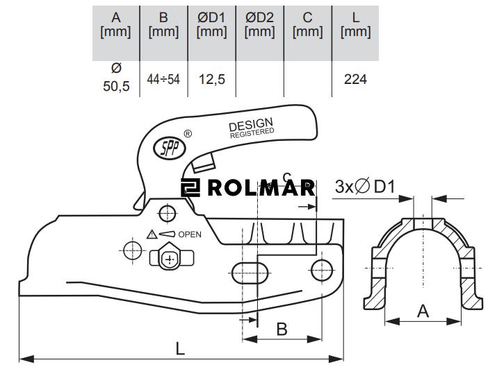Głowica zaczepowa BC-3000C 12.5/12.5 DMC3000kg zastosowanie przyczepka SPP