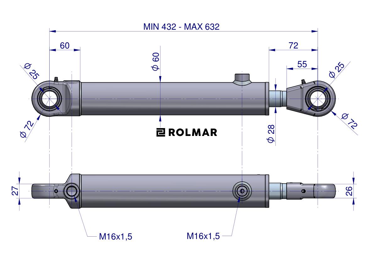 Cylinder hydrauliczny (siłownik) CJF-50/28/200 (sworzeń 25mm) krokodyl Tur