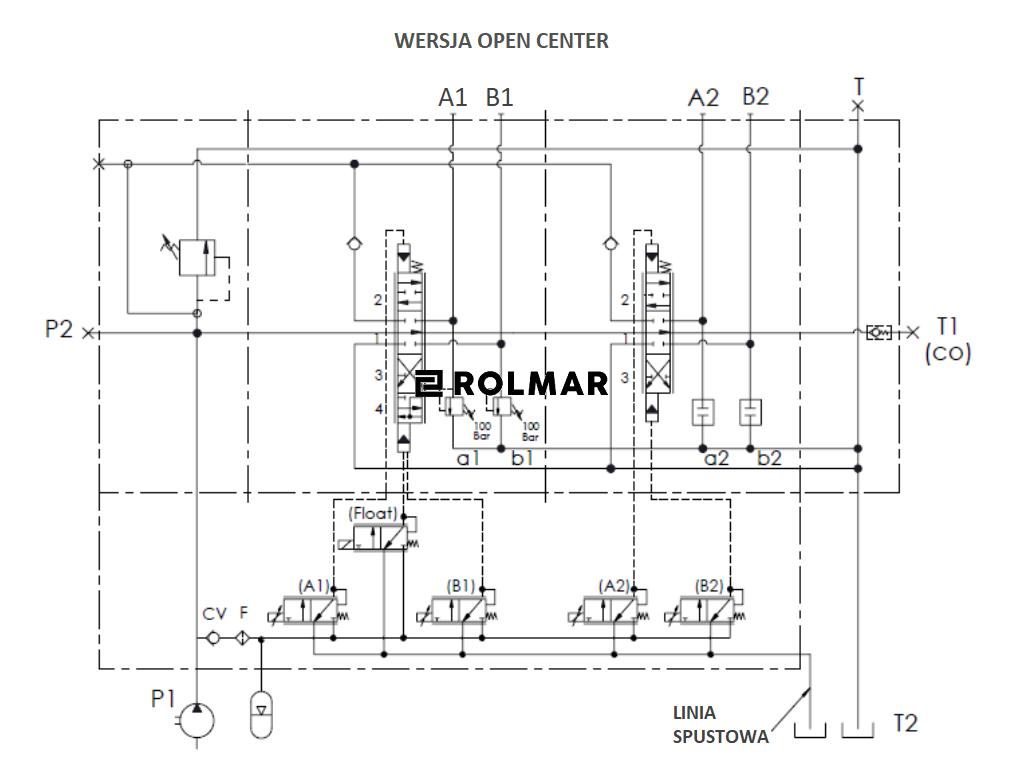 Proporcjonalny rozdzielacz hydrauliczny do ładowaczy czołowych OP (Open Center) 2-sek. max przepływ 90L. 1-sekcja pływająca - sterowany elektrycznie