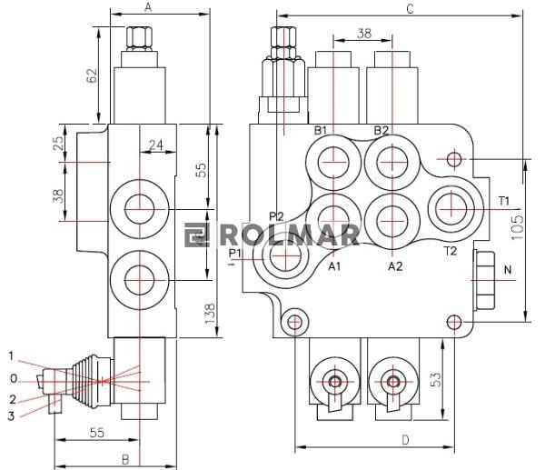 Rozdzielacz hydrauliczny dwusekcyjny (2) 80L
