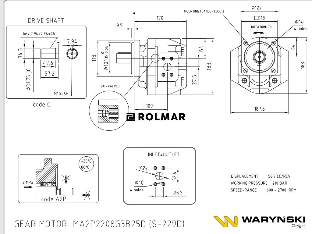 Silnik hydrauliczny S-229D MA2P2208G3B25D Waryński