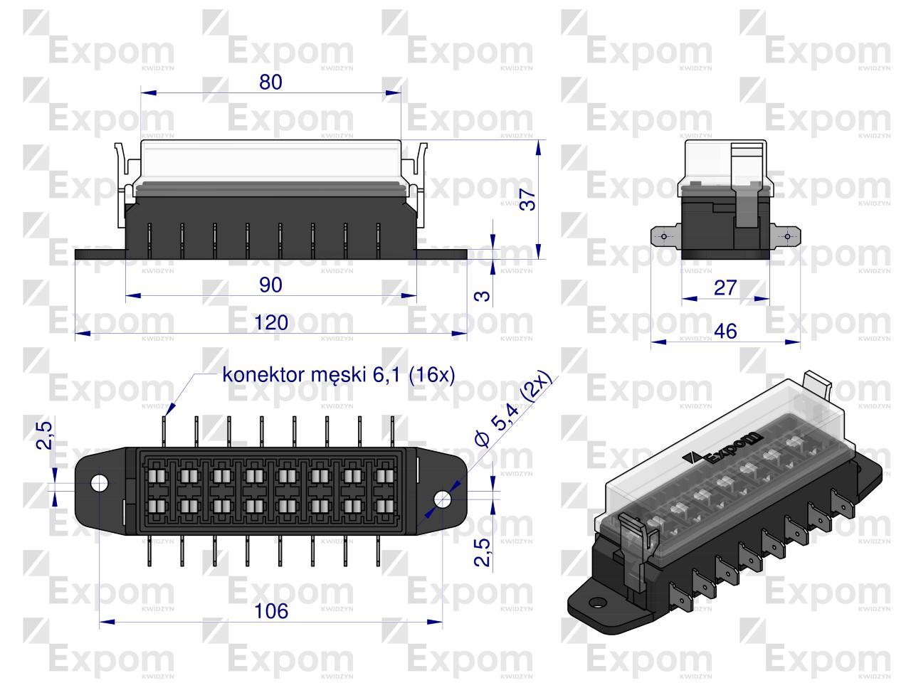 Skrzynka bezpieczników 8-krotna uniwersalna na bezpieczniki płytkowe Expom Kwidzyn eu