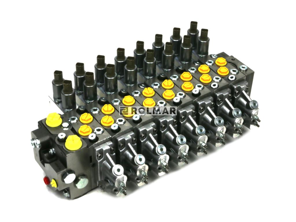 Rozdzielacz 8 sekcyjny. Zaw zrzutowy NO (100/100.100/100.100/100.65/65.65/65.65/65.80/80.80/80) 120 l/min. prop. LS. opcja dźwigni. 24VDC